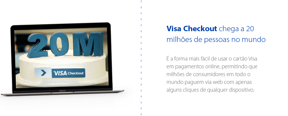 Notebook mostrando a imagem de um bolo de comemoração aos 20 milhões de usuários do Visa Checkout