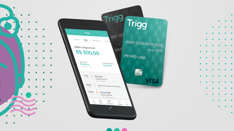 Cartões Trigg Visa ao lado do app da Trigg em um smartphone