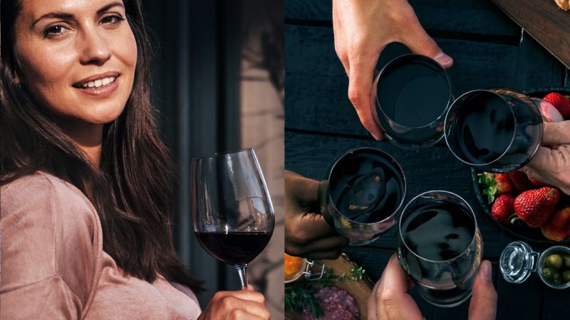 Imagem de uma mulher segurando uma taça de vinho e ao lado direito, quatro pessoas brindando com taças de vinho
